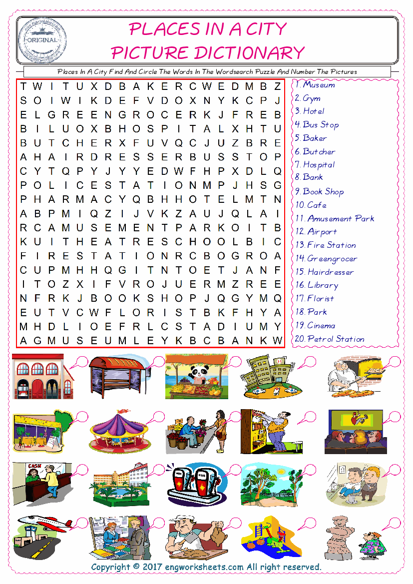  ESL wordsearch worksheets for kids, find Places In A City words in the word wordsearch write its number on its picture English worksheet. 